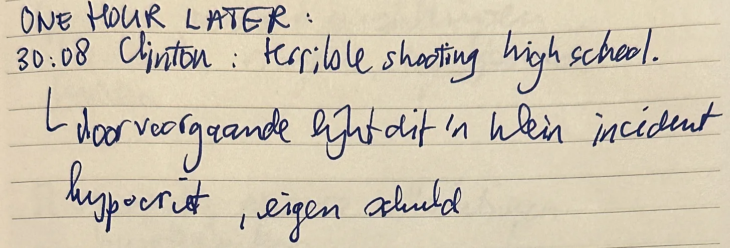 Handwritten note: Thoughts on how the high school shooting seems like a small incident due to the context